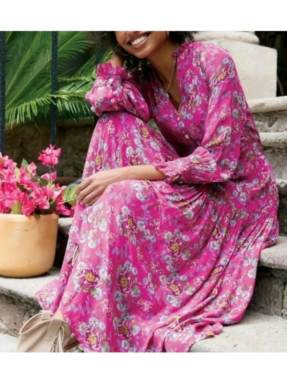 Sundance Rosalee Lined Tiered Floral Midi Dress Petite Large - Picture 4 of 11
